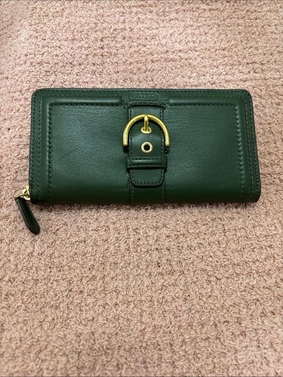 Coach Handbags - Coach Forest Green Leather Zip-Around Wallet with Gold Buckle